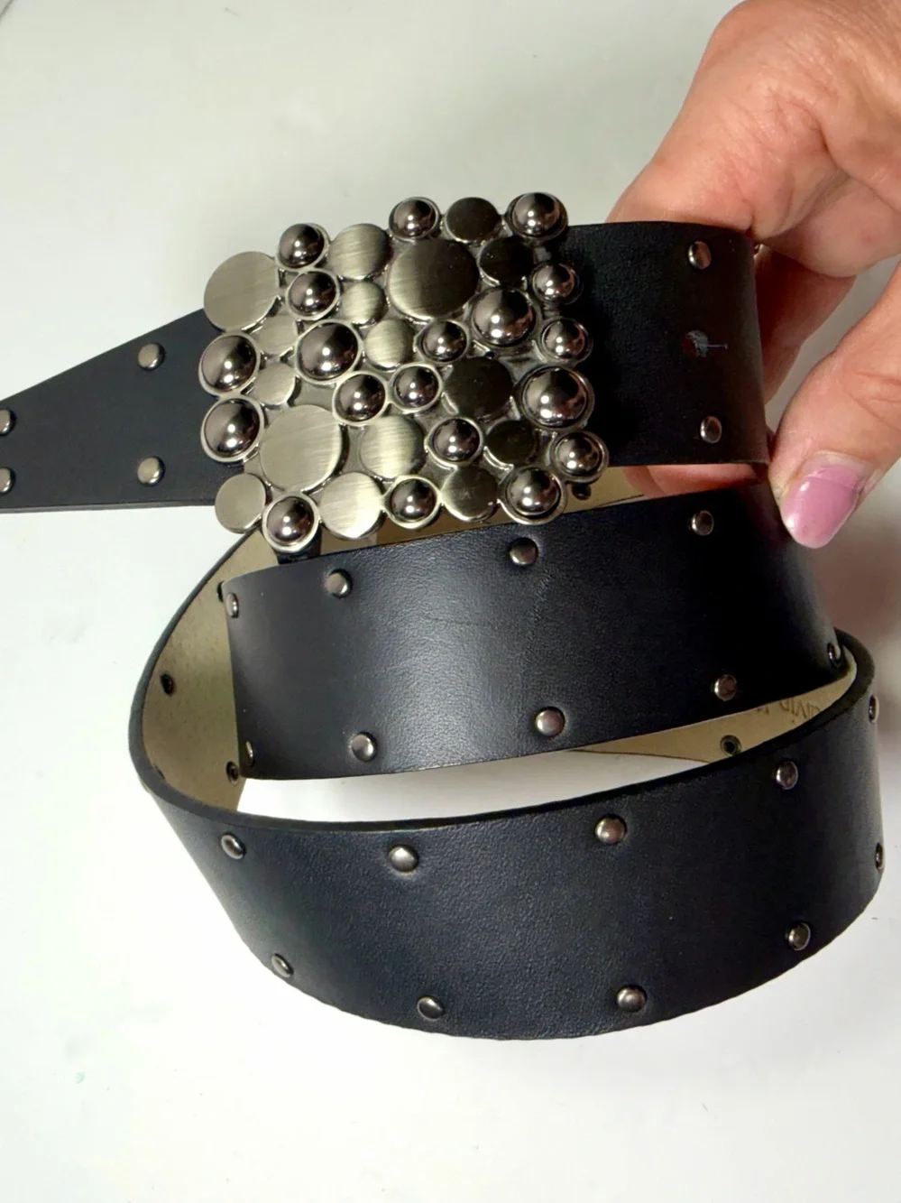 Vintage Calvin Klein Black Leather Belt Women L Studded Mosaic Statement Buckle